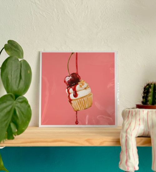 Melting Cherry Cupcake - Surreal Hyper Realistic Cupcake Illustration Print, Whimsical Kitchen Wall Art Decor