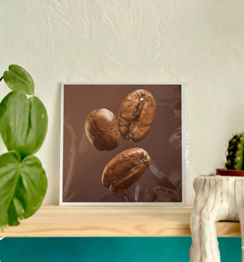 Flying Coffee Beans - Fine Art Realistic Illustration Print Kitchen Wall Art Decor