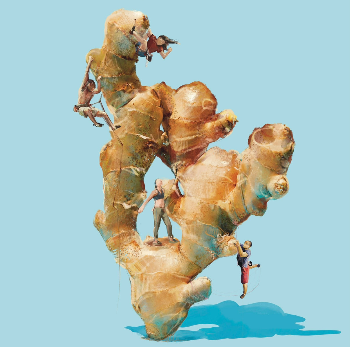 Miniature climbers scaling a giant ginger root on a blue background, surreal illustration by Daria Rosso.