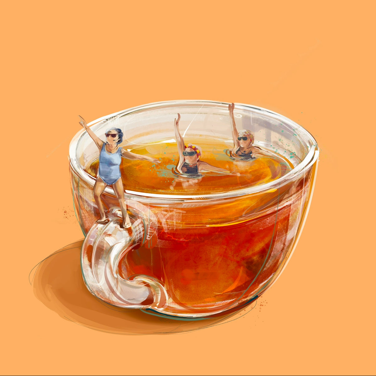 Surreal illustration of miniature swimmers inside a glass teacup filled with amber tea, on an orange background.
