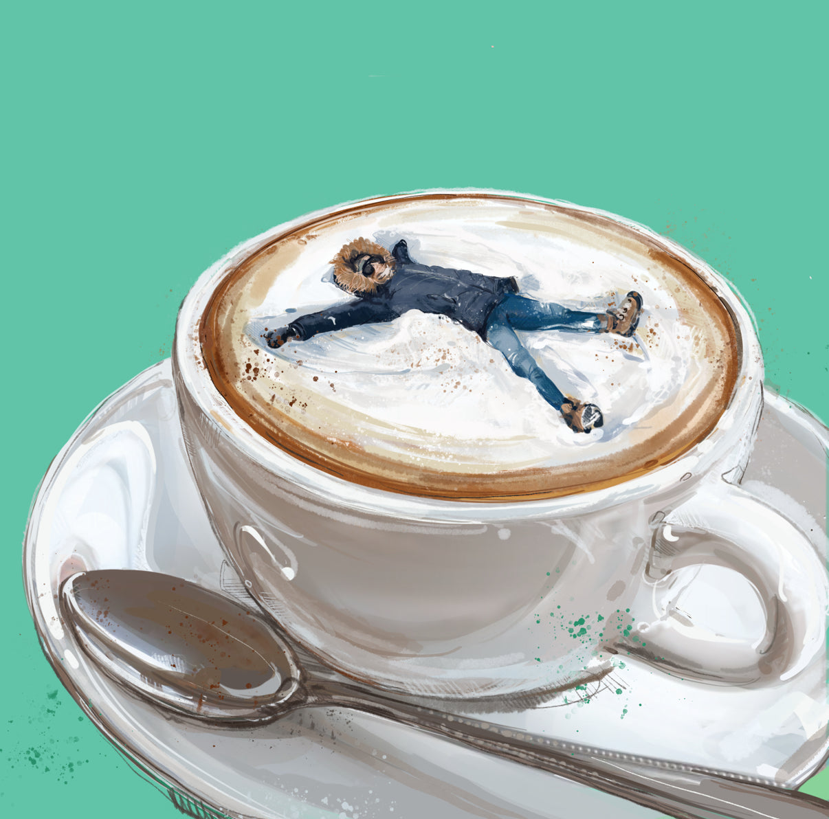Surreal illustration of a tiny figure lying in cappuccino foam inside a white coffee cup, set against a mint green background.