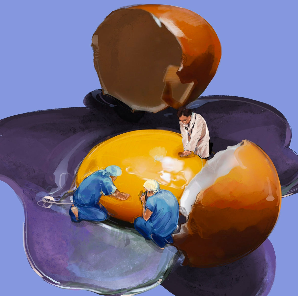 Miniature surgeons working inside a cracked egg with bright yellow yolk, surreal illustration by Daria Rosso